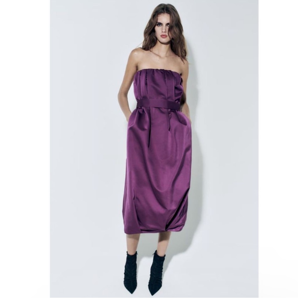 Zara Collection Taffeta Strapless Purple Belted Midi Dress Sz.S